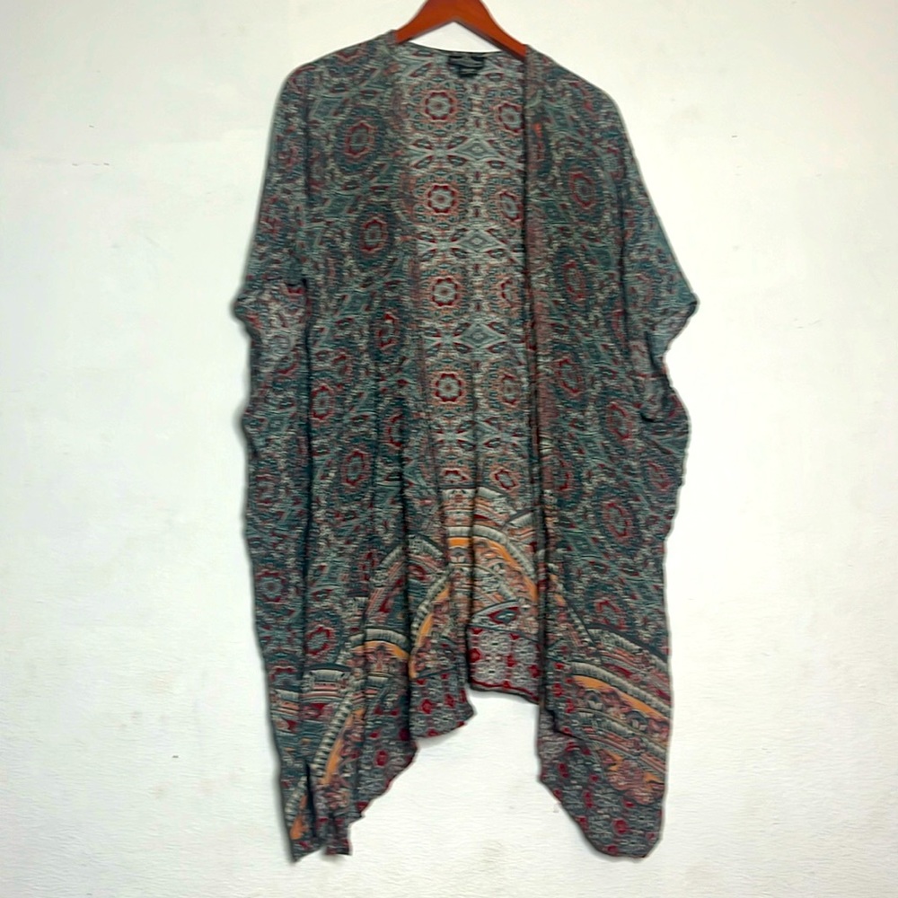 Angie teal red oversized mandala print open front kimono